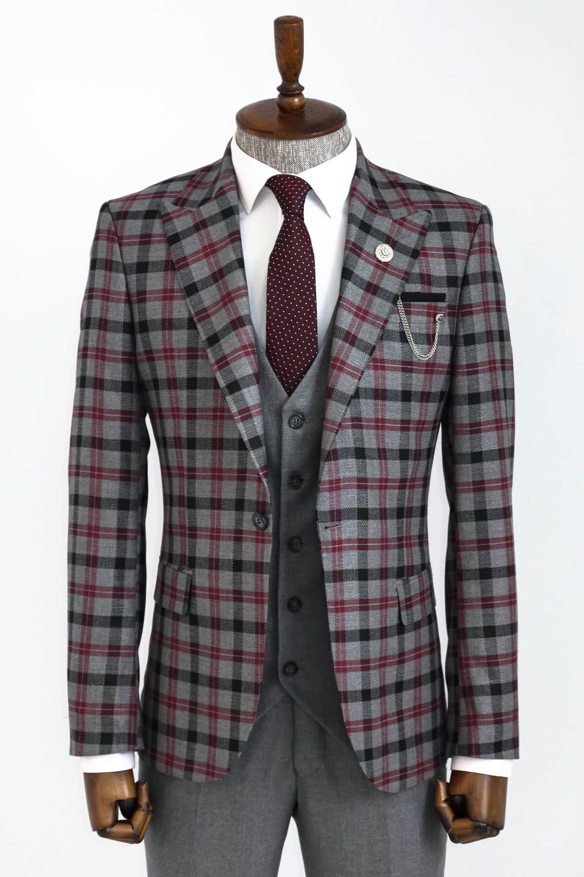 Burgundy Peak Lapel Checked Men's Suit 