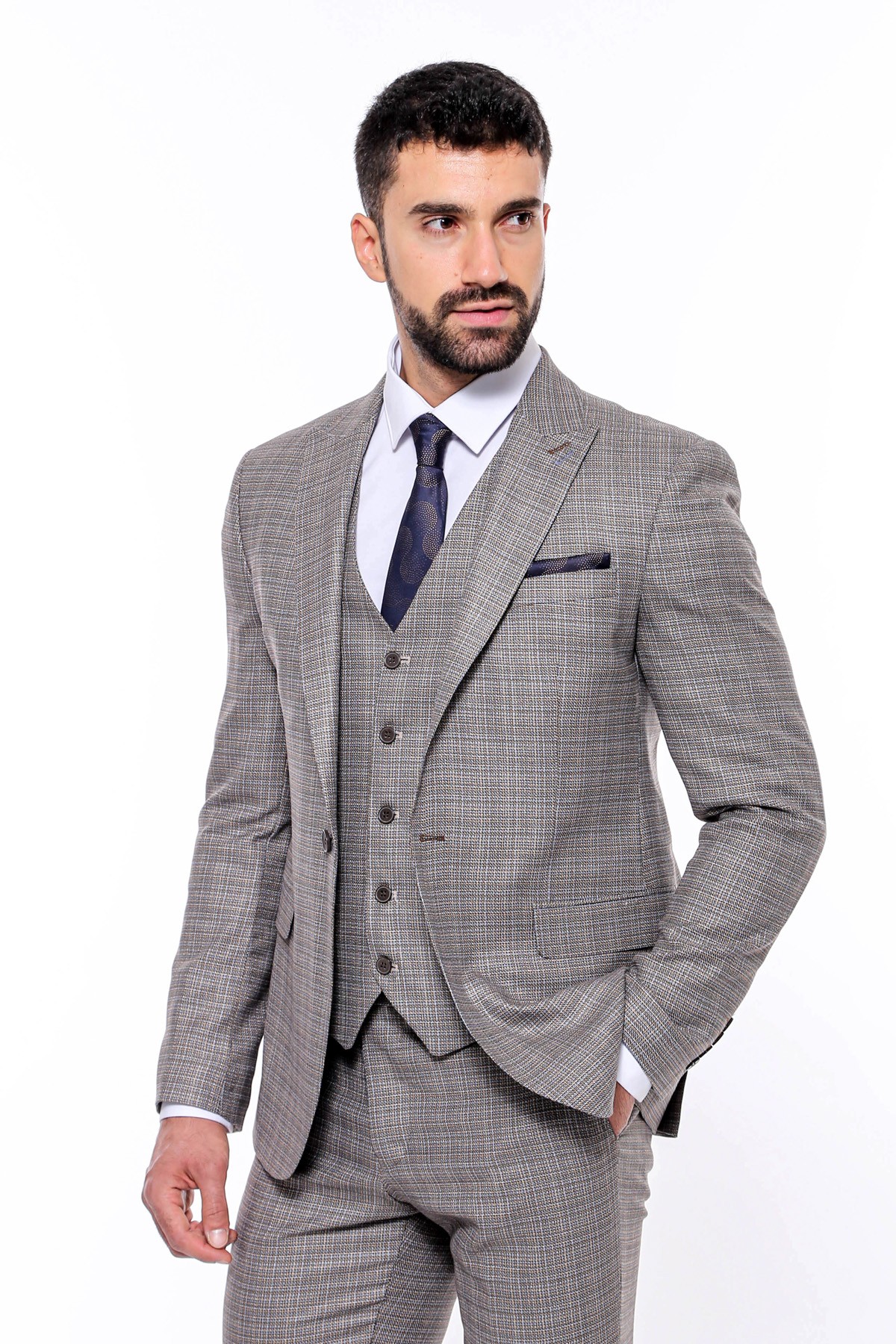 Patterned Vested Slim-Fit Brown Men's 