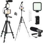 Vlogging Kit, Phone Holder for Video Recording Vlogging Camera Kit with Microphone/LED light/50 Telescopic Tripod/Adapter Cables/Capture Remote Control