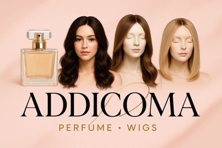 "Elegant beauty store banner promoting Addicoma's fragrance and wig collection."
