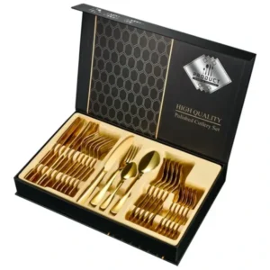24 PCS Black & Gold Stainless Steel Cutlery Set – Steak Knife, Fork, Spoon