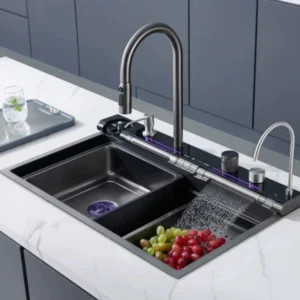 Smart Digital Kitchen Sink – 4 Water Modes | Pull-Out Faucet | Large Capacity | Stainless Steel Dual Basin Sink