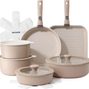 SENSARTE 17 Piece Ceramic Detachable Handle Pots and Pans Set Almond Beige