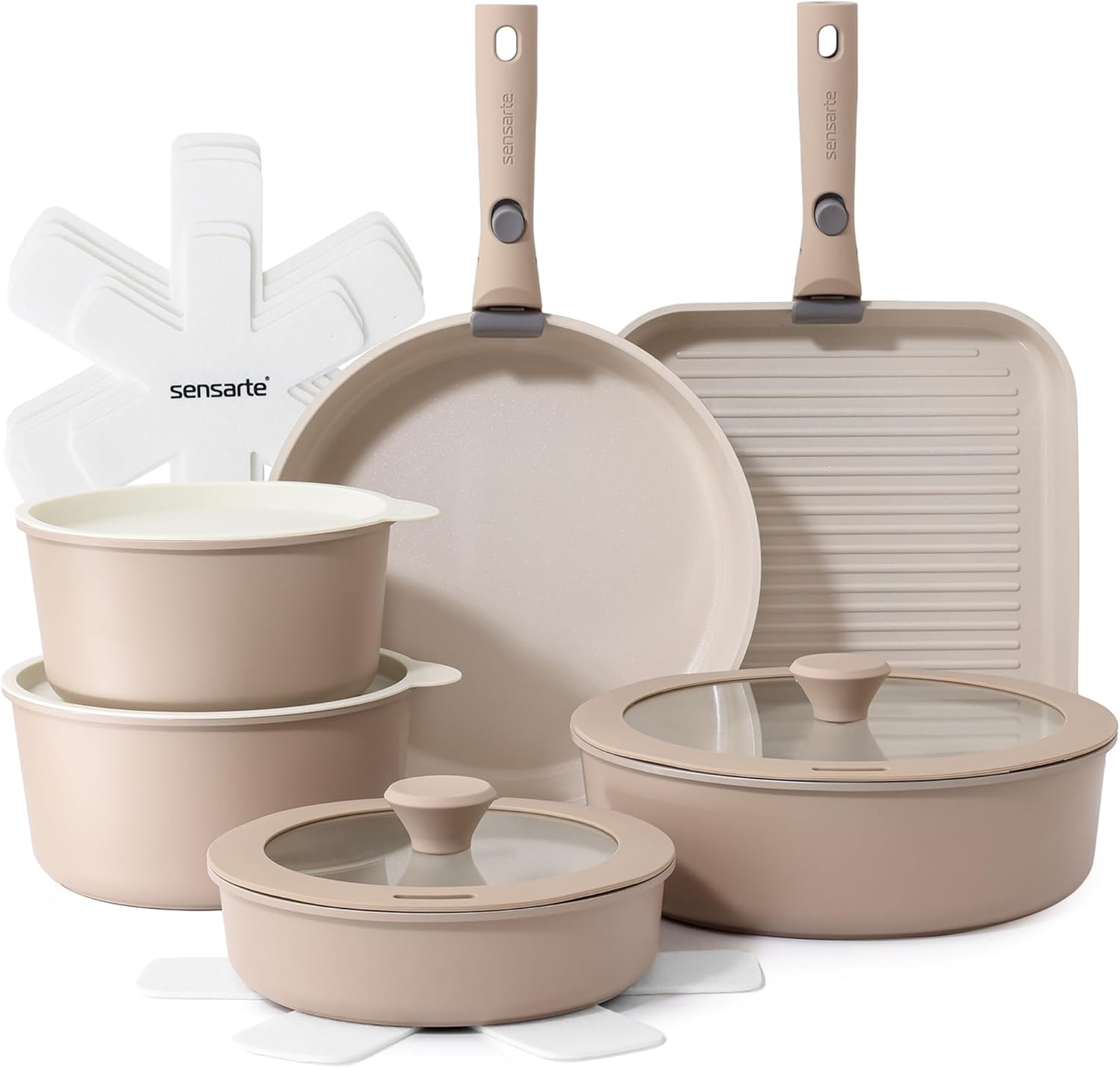 SENSARTE 17 Piece Ceramic Detachable Handle Pots and Pans Set Almond Beige