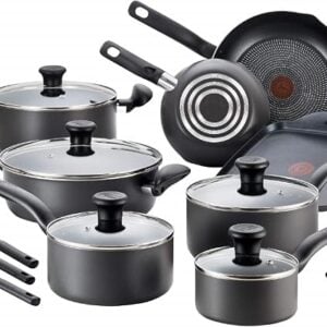 T-fal Initiatives Nonstick Cookware Set 18 Piece, Oven Broiler Safe 350F, Kitchen Cooking Set w/Fry Pans, Saucepans, Stockpots, Skillet, Spoons, Lids Pots and Pans Set Non Stick Dishwasher Safe Black