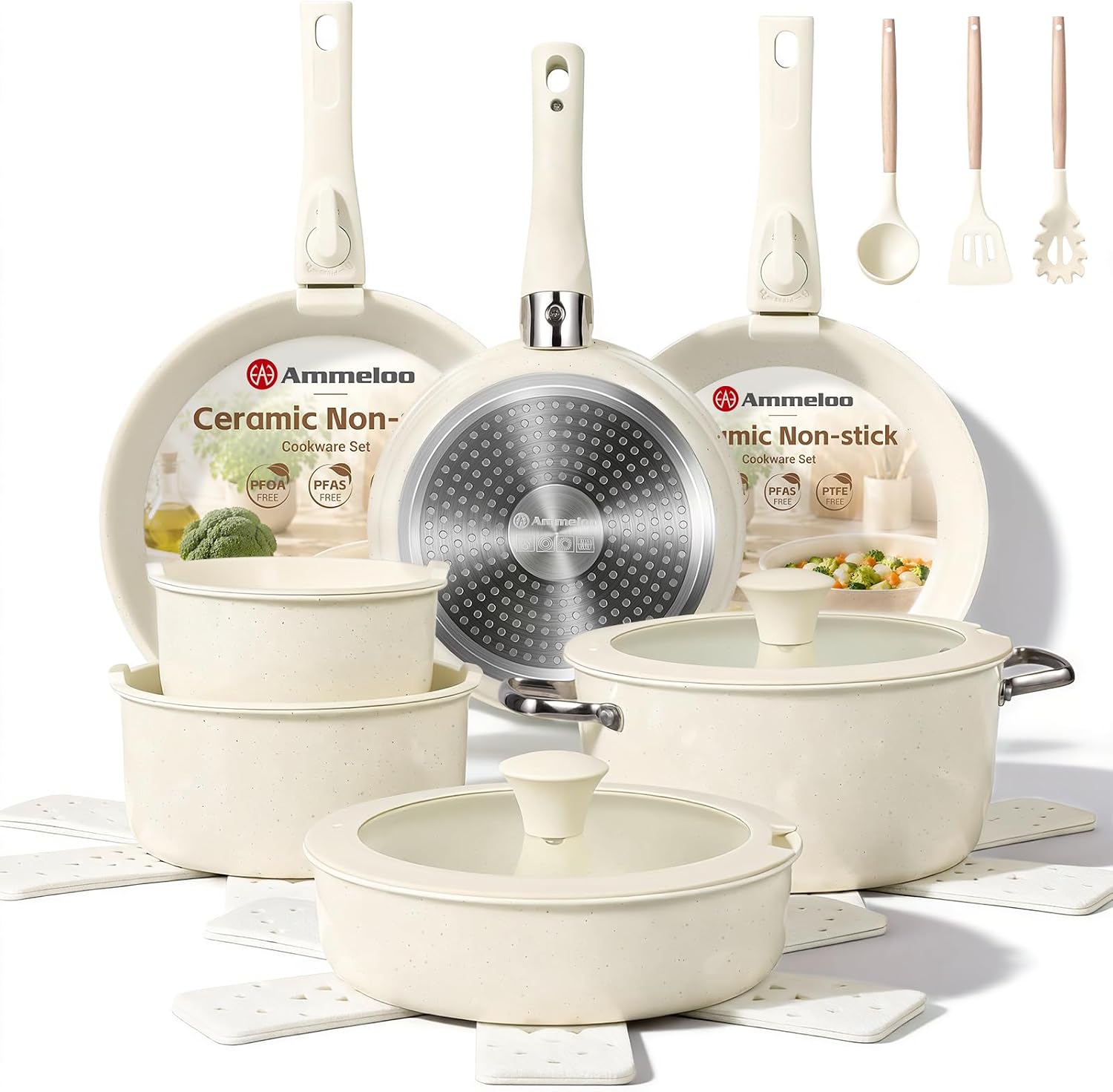 24pcs Ceramic Cookware Set, Pots and Pans Set with Removable Handle