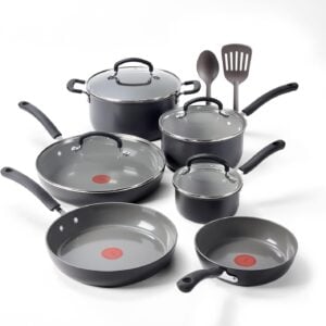 T-Fal Ultimate Hard Anodized 12-Piece Ceramic Nonstick Cookware Set, Oven Safe Up to 400°F, Ceramic Pots and Pans Set, Frying Pans, Saucepan, Stockpot, Cooking Utensils, Stone