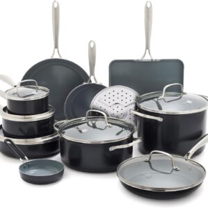 GreenPan 17 Piece Nonstick Swift Cookware Set, Ceramic PFAS-Free Pots & Pans with Lids, Dishwasher & Oven/Broiler Safe to 600F, Kitchen Cooking Set, Sauce, Saute, Stock, Griddle, Frying Pans, Gray