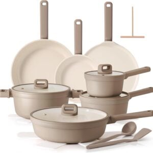 SENSARTE Ceramic Pots and Pans Set Nonstick, 20Pcs Cookware Set, Taupe